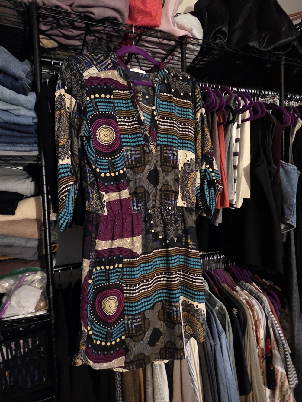 Bohemian Printed V-Neck Mini Dress in Purple and Teal